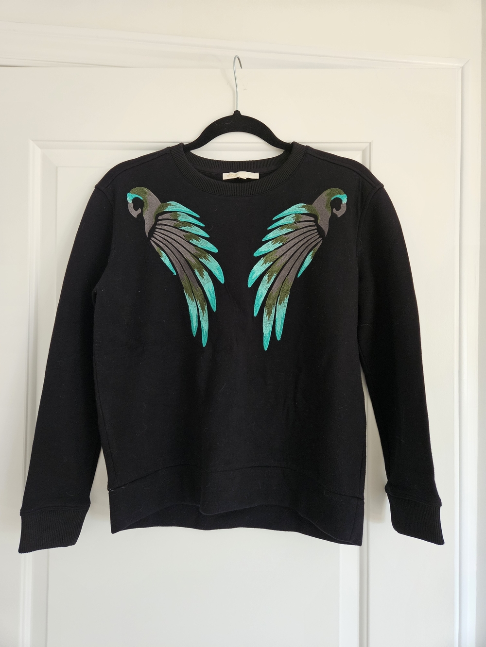 Maje Black Sweater with Teal and Olive Wing Appliqués